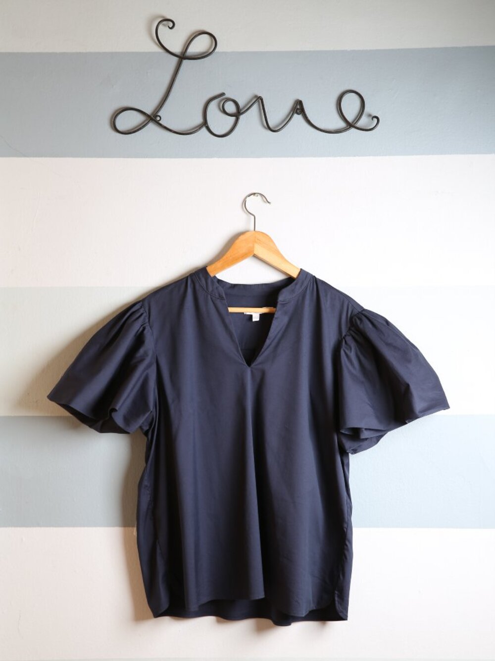 CHICO'S Navy Blue Puffled Sleeve V-Neck Cotton Blend Top | Size 12